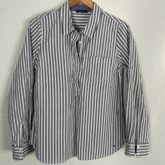 Tommy Hilfiger Chambray Blue White Stripe 1/2 Button Down Shirt Preppy Nautical - Picture 1 of 9